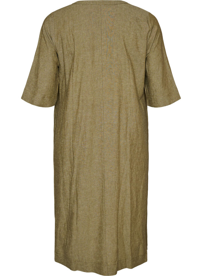 Midikleid aus Leinen und Viskose mit 1/2-&Auml;rmeln, Gr&uuml;n, Packshot image number 1