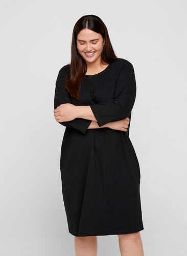 Baumwollkleid mit 3/4-Ärmeln und Taschen, Black, Model image number 0