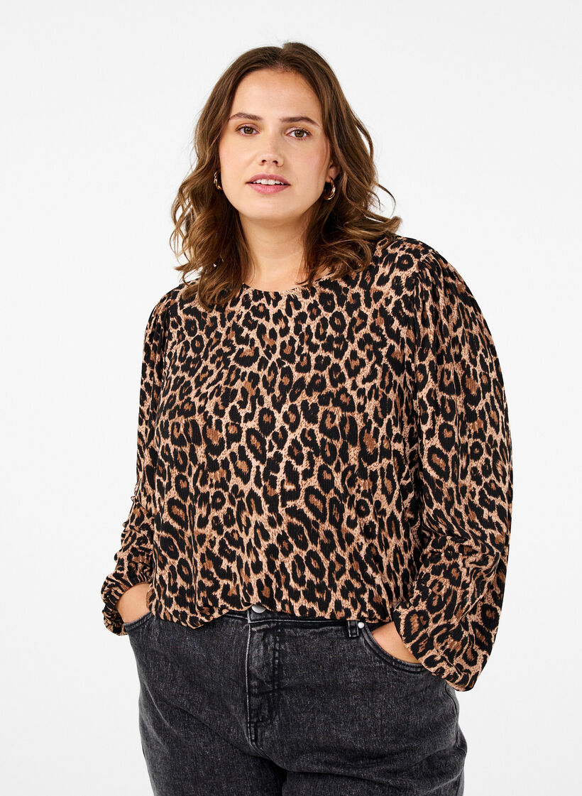 Bluse mit langen Ärmeln und Leopardenmuster, Braun, Model image number 0