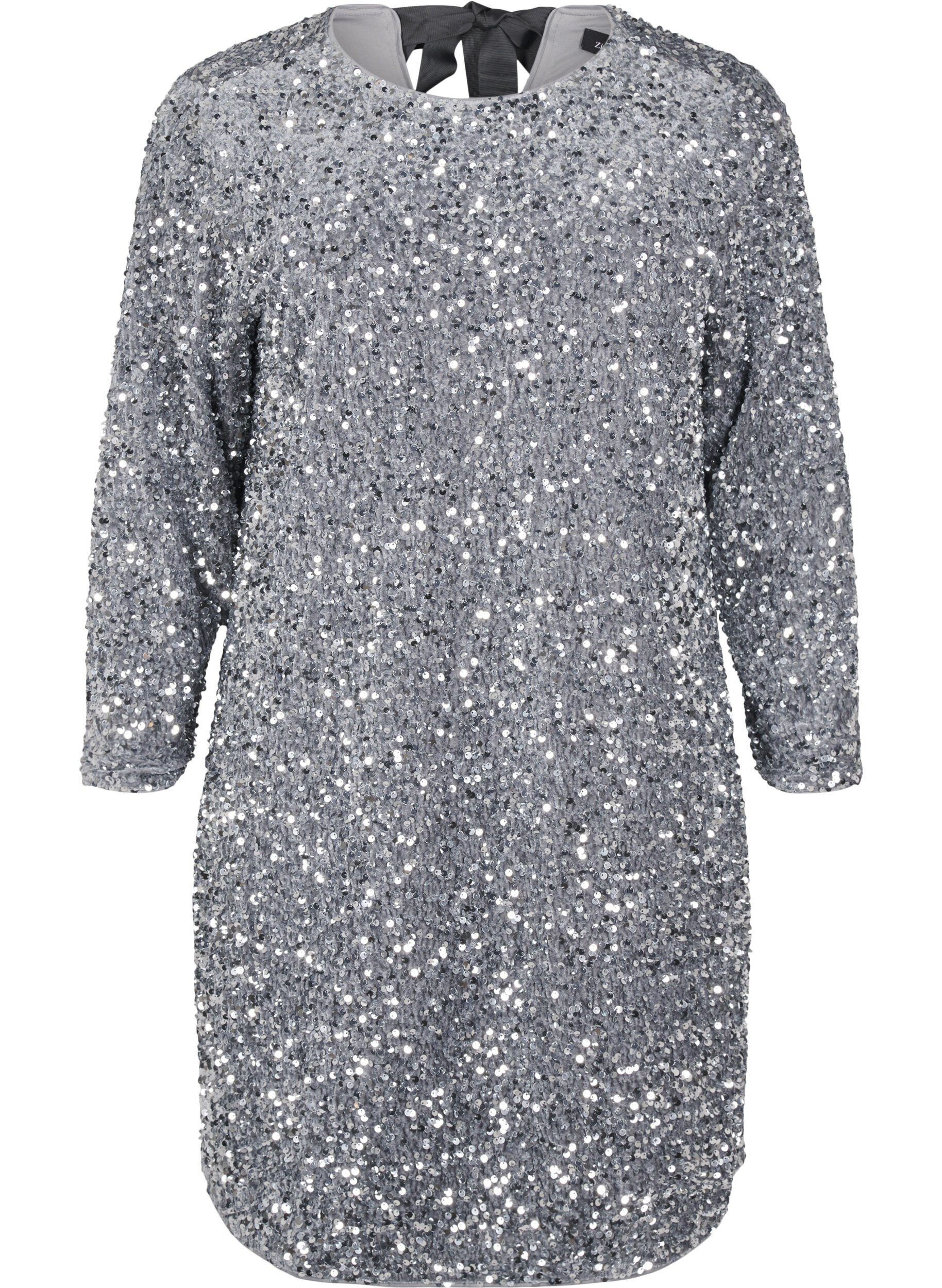 Zizzi Pailettenkleid mit Schleifendetail, Silver, Packshot image number 0