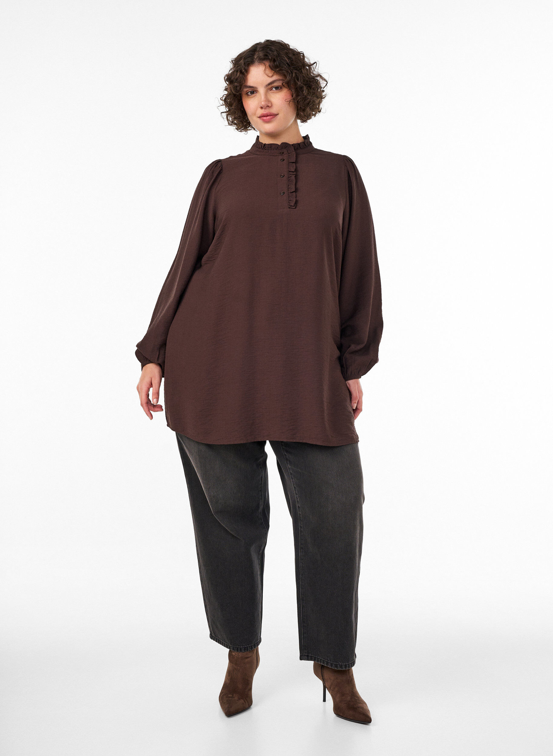 ZizziTunika aus Viskose mit R&uuml;schen und Kn&ouml;pfen, Braun, Model image number 1
