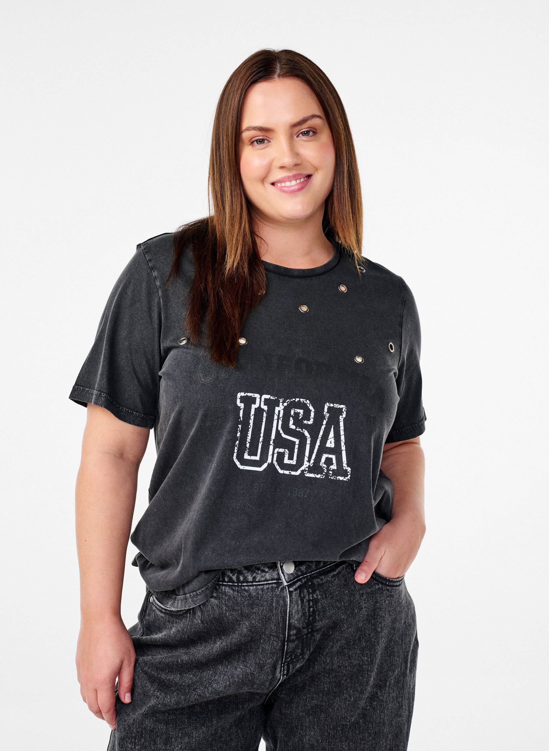 Zizzi T-Shirt mit &Ouml;sen und Print, Grey Washed , Model image number 0