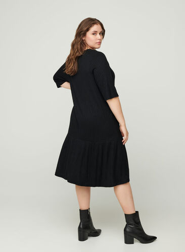 Ripp Kleid mit 2/4-Ärmeln, Black, Model image number 1