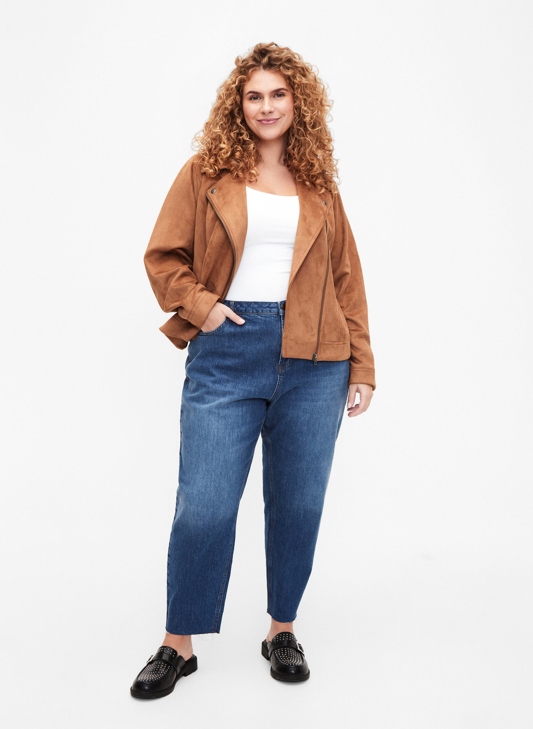 Zizzi Bikerjacke aus Wildlederimitat, Toasted Coconut, Model image number 1