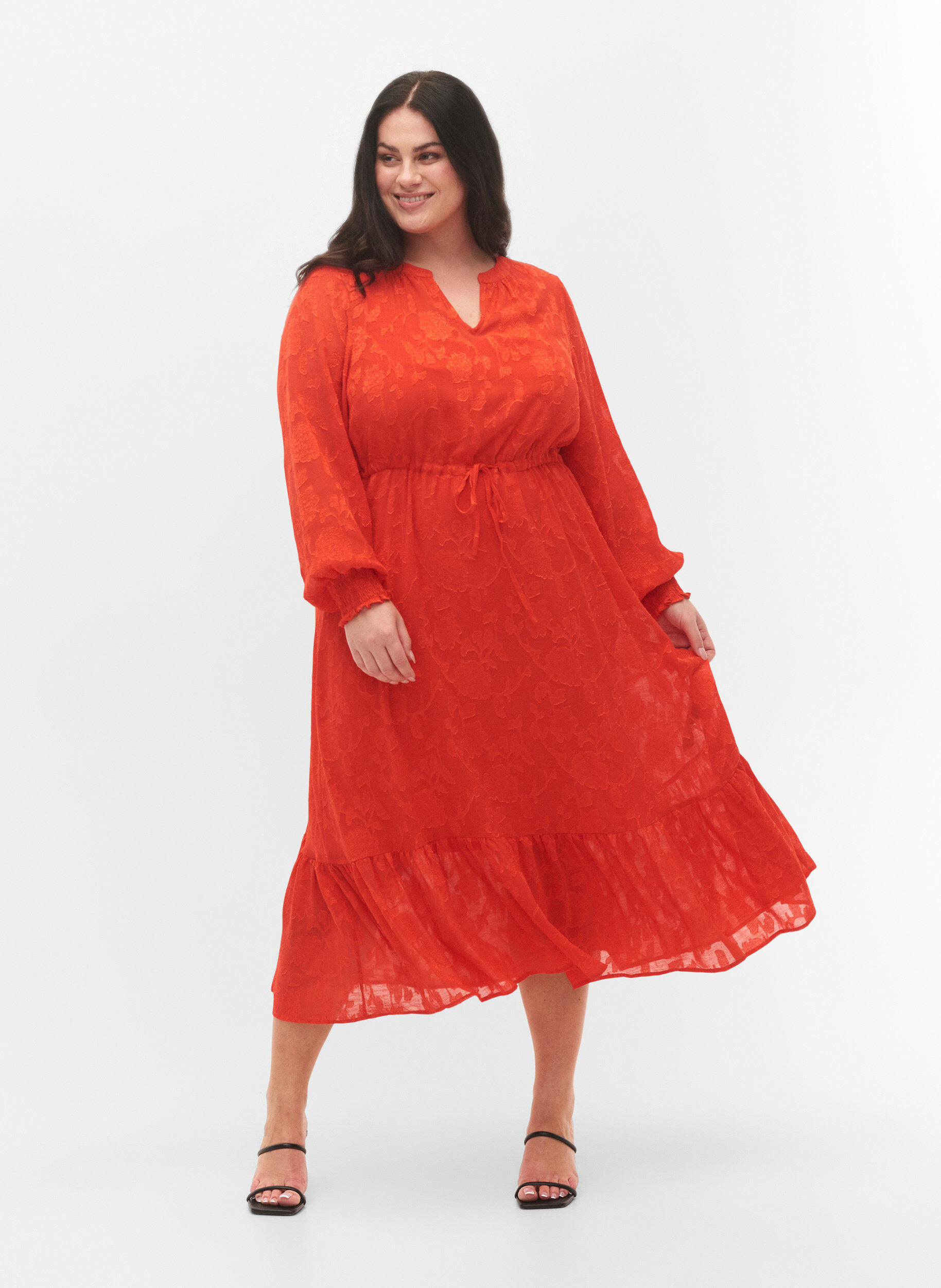 Zizzi Lang&auml;rmliges Midi-Kleid im Jacquard-Look, Orange.com, Model image number 0