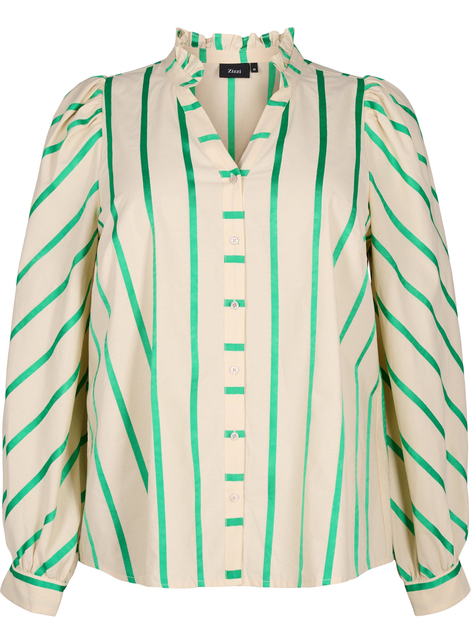 Zizzi Gestreifte Hemdbluse aus Baumwolle mit R&uuml;schenkragen, Beige Green Stripe, Packshot image number 0