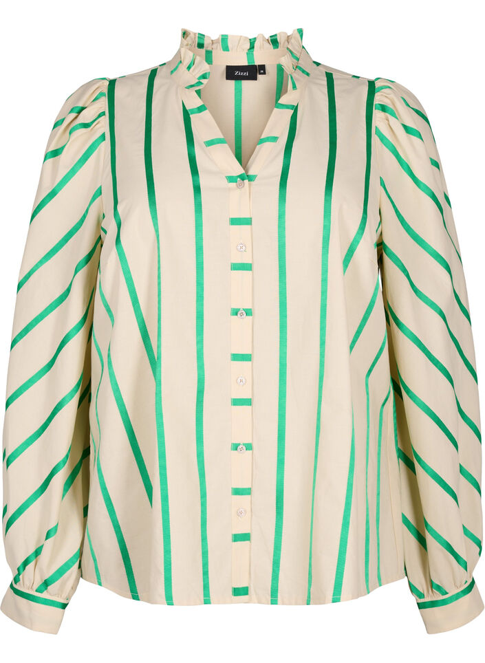 Gestreifte Hemdbluse aus Baumwolle mit Rüschenkragen, Beige Green Stripe, Packshot image number 0