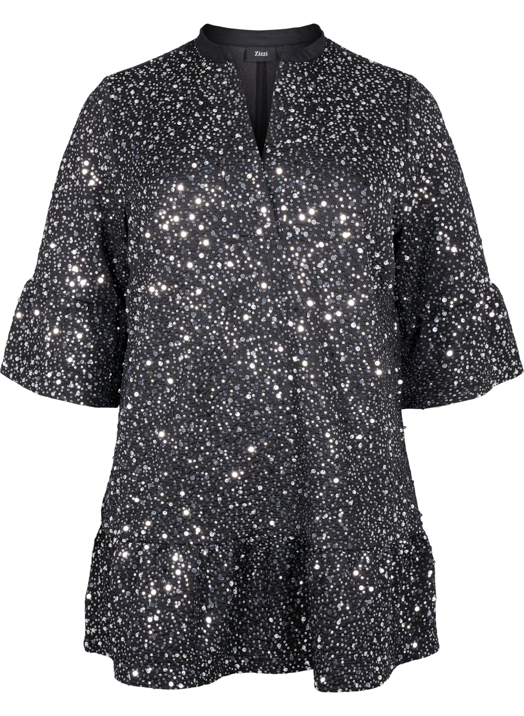 Zizzi Paillettenkleid mit V-Ausschnitt und 3/4-&Auml;rmeln, Black w. Sequins, Packshot image number 0