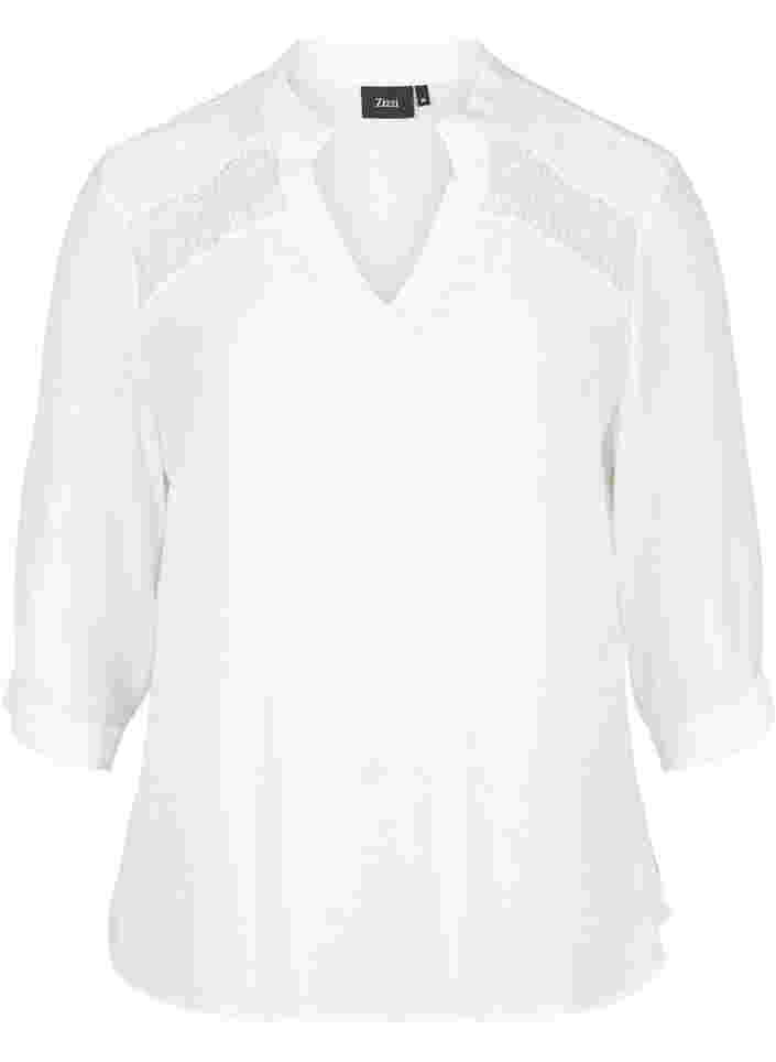 Viskosebluse mit 3/4 Ärmeln und Spitzendetails, Bright White, Packshot image number 0