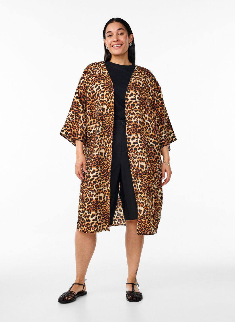 Viskose-Kimono mit 3/4-&Auml;rmeln, Braun, Model image number 1