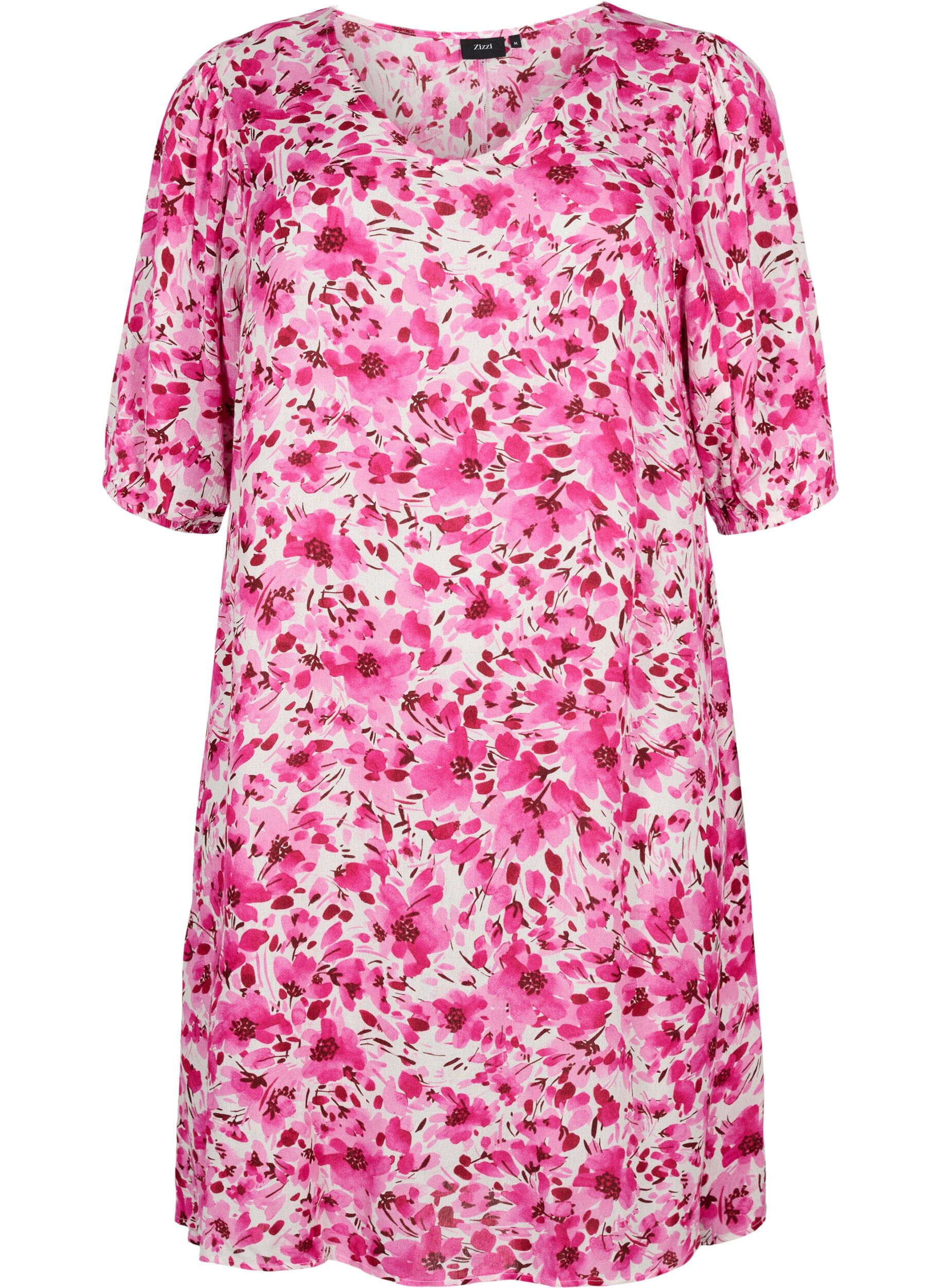 Zizzi Gebl&uuml;mtes Kleid aus Viskose mit A-Linie, Pink Flower Rain, Packshot image number 0