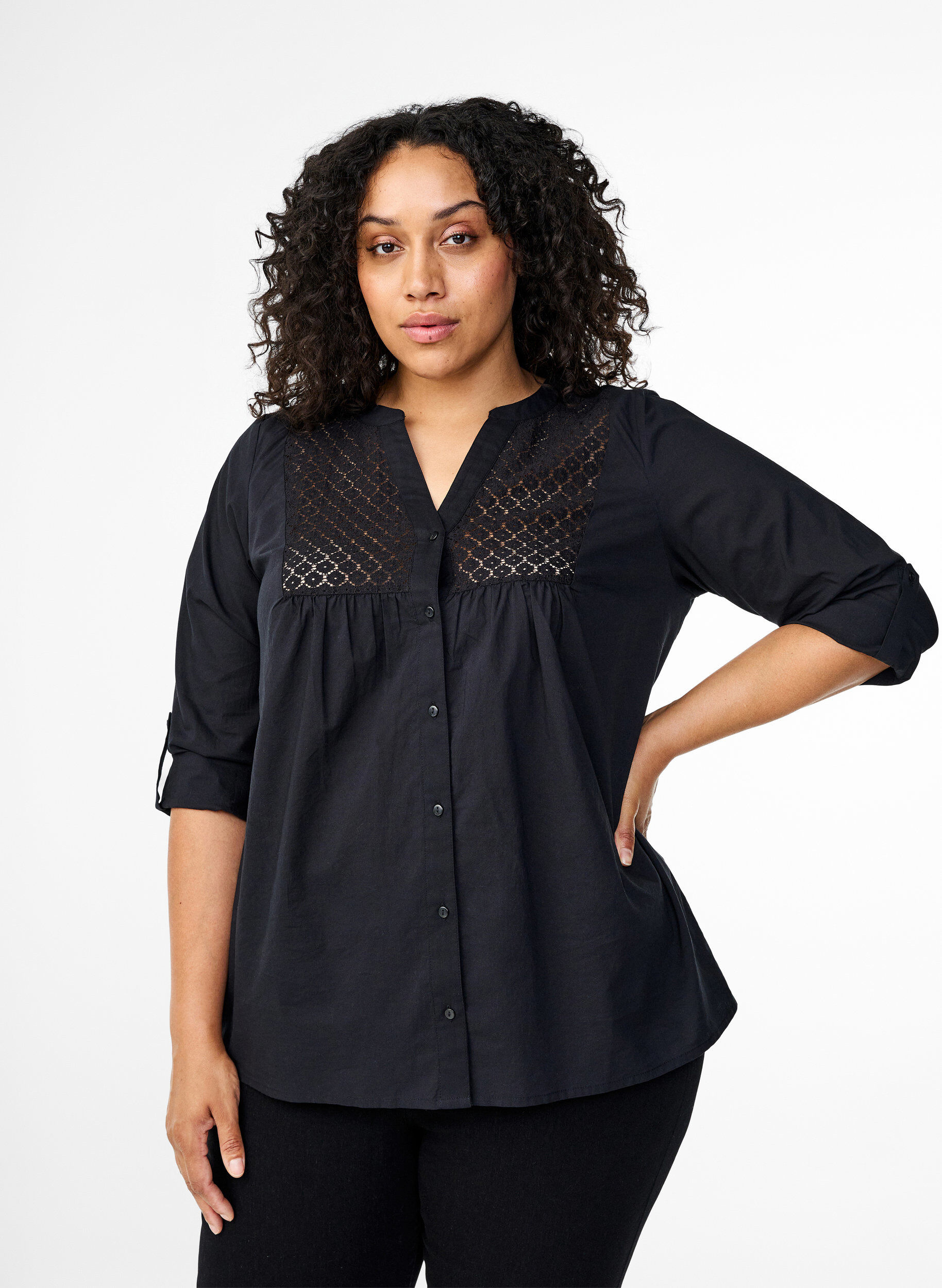 Zizzi FLASH - Shirt mit H&auml;keldetail, Black, Model image number 0