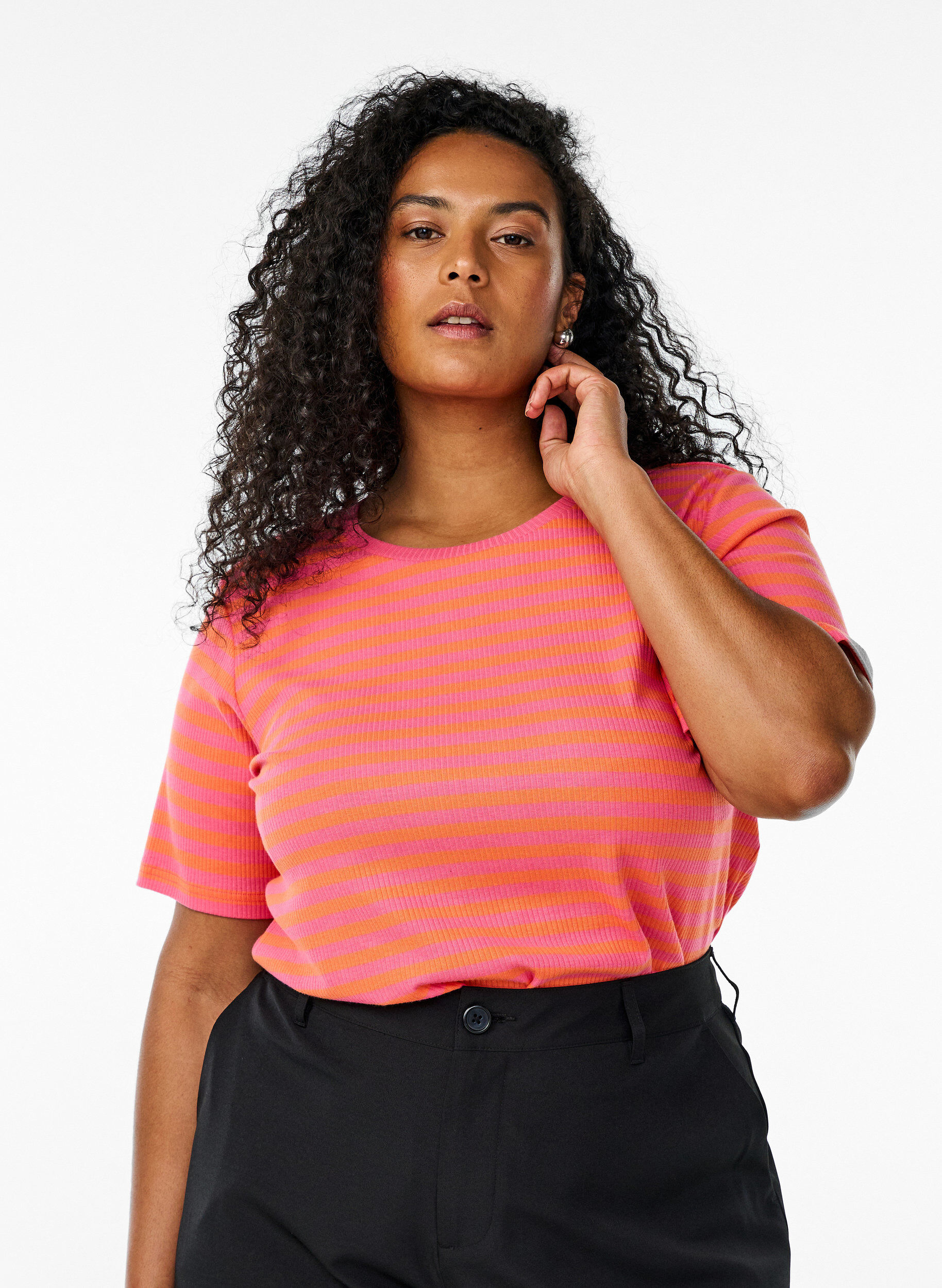 Zizzi Gestreiftes T-Shirt mit gerippter Struktur, Orange, Model image number 0