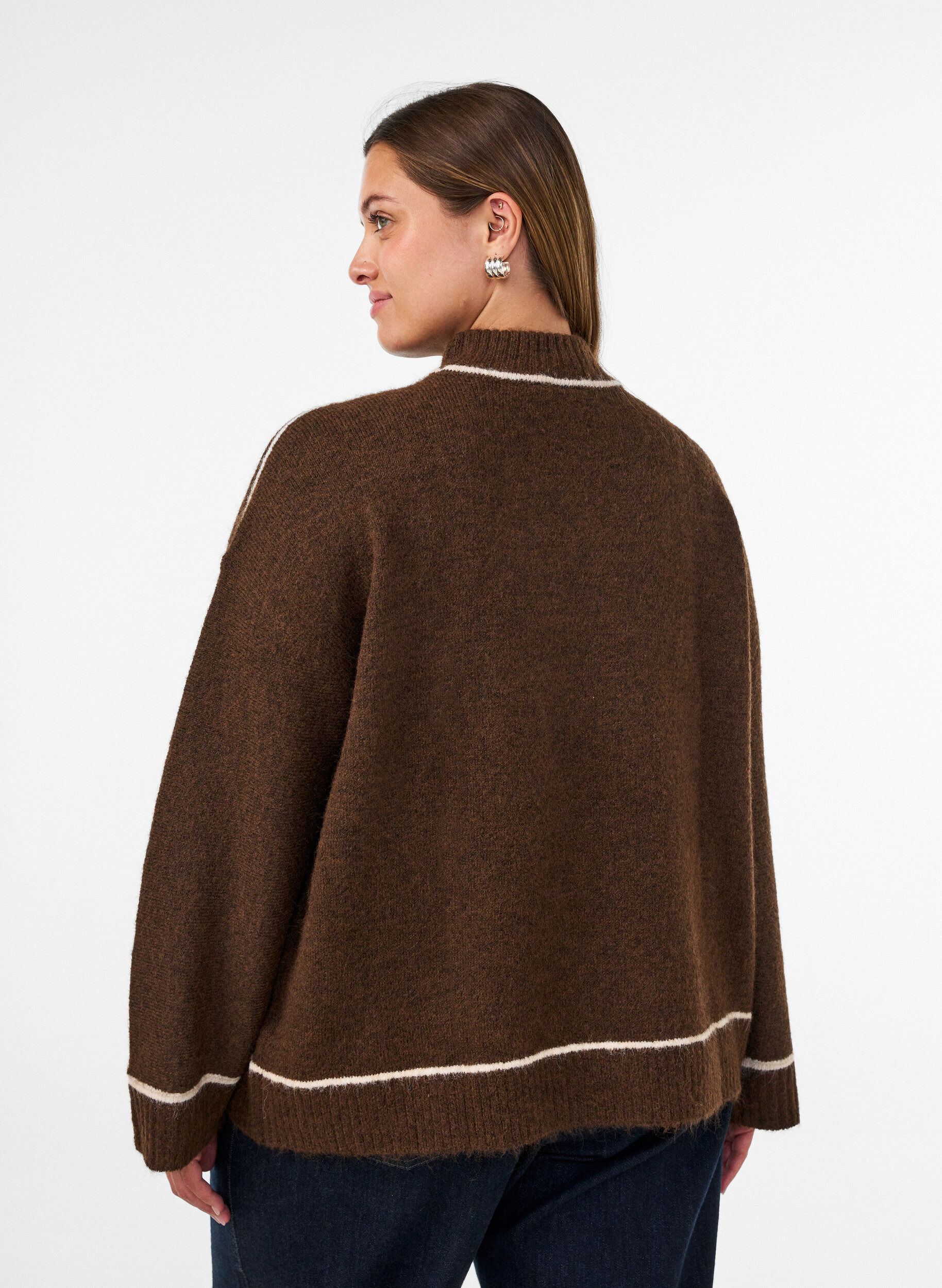 ZizziStrickpullover mit Rollkragen und Kontraststreifen, Braun, Model image number 2