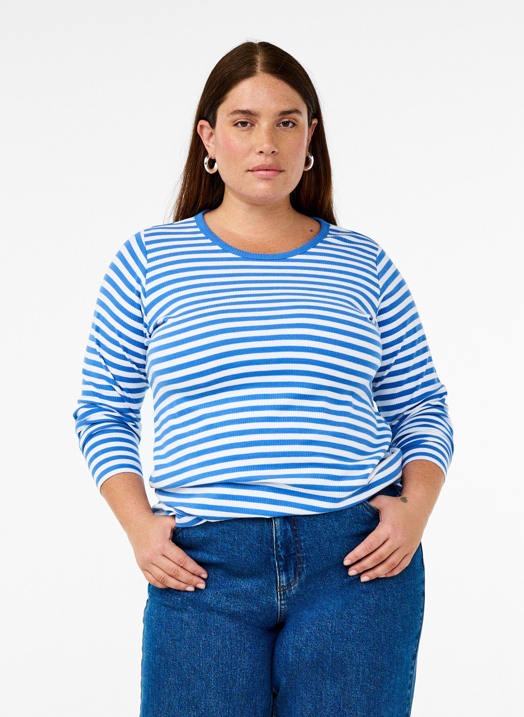 Zizzi Gestreifte Bluse mit langen &Auml;rmeln, Blau, Model image number 0