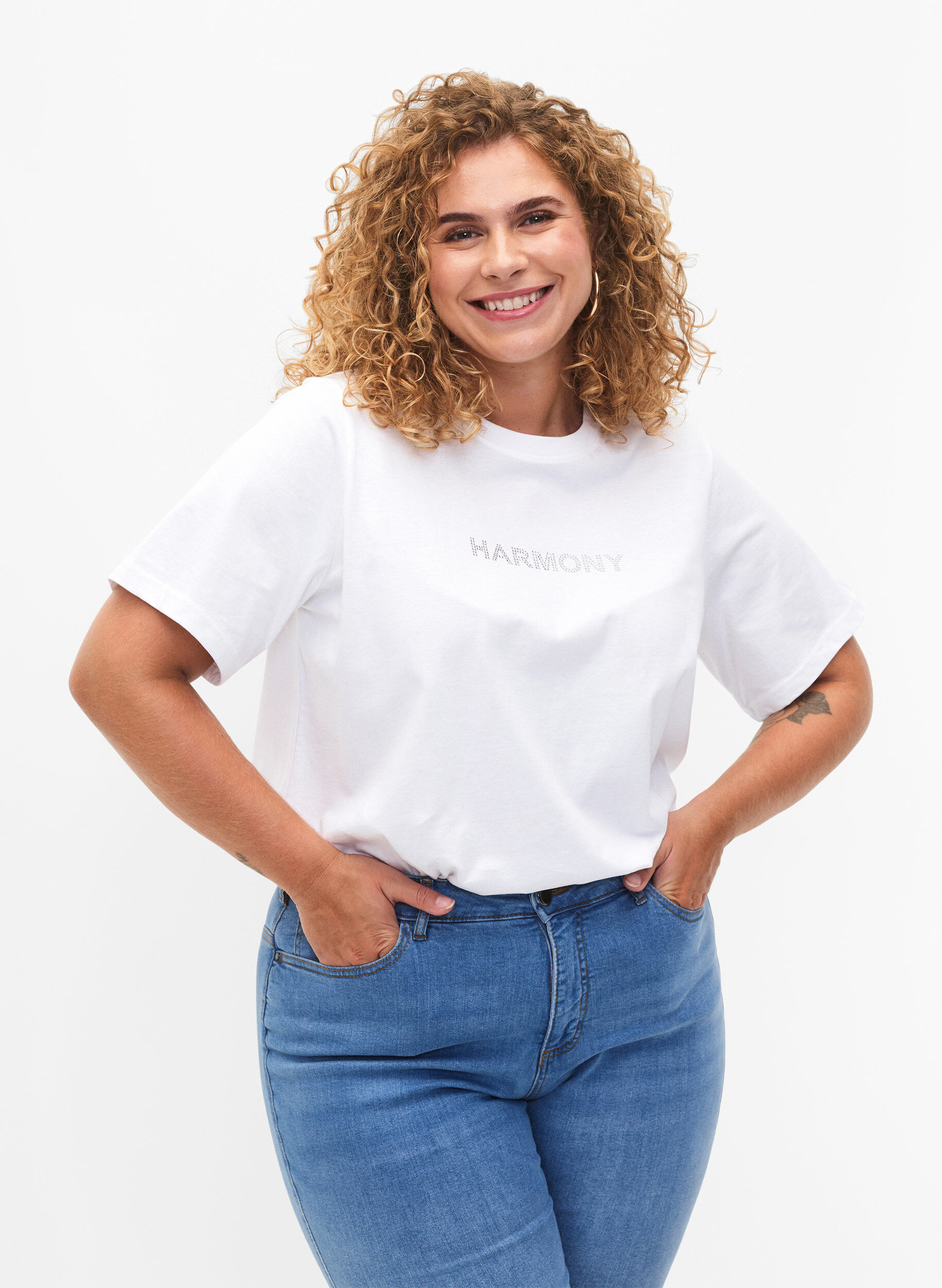 Zizzi T-Shirt aus Bio-Baumwolle mit Text, White HARMONY, Model image number 0