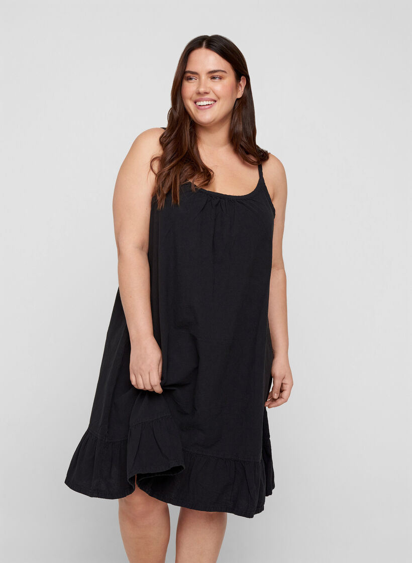 Baumwollkleid mit dünnen Trägern und A-Linie, Black, Model image number 0