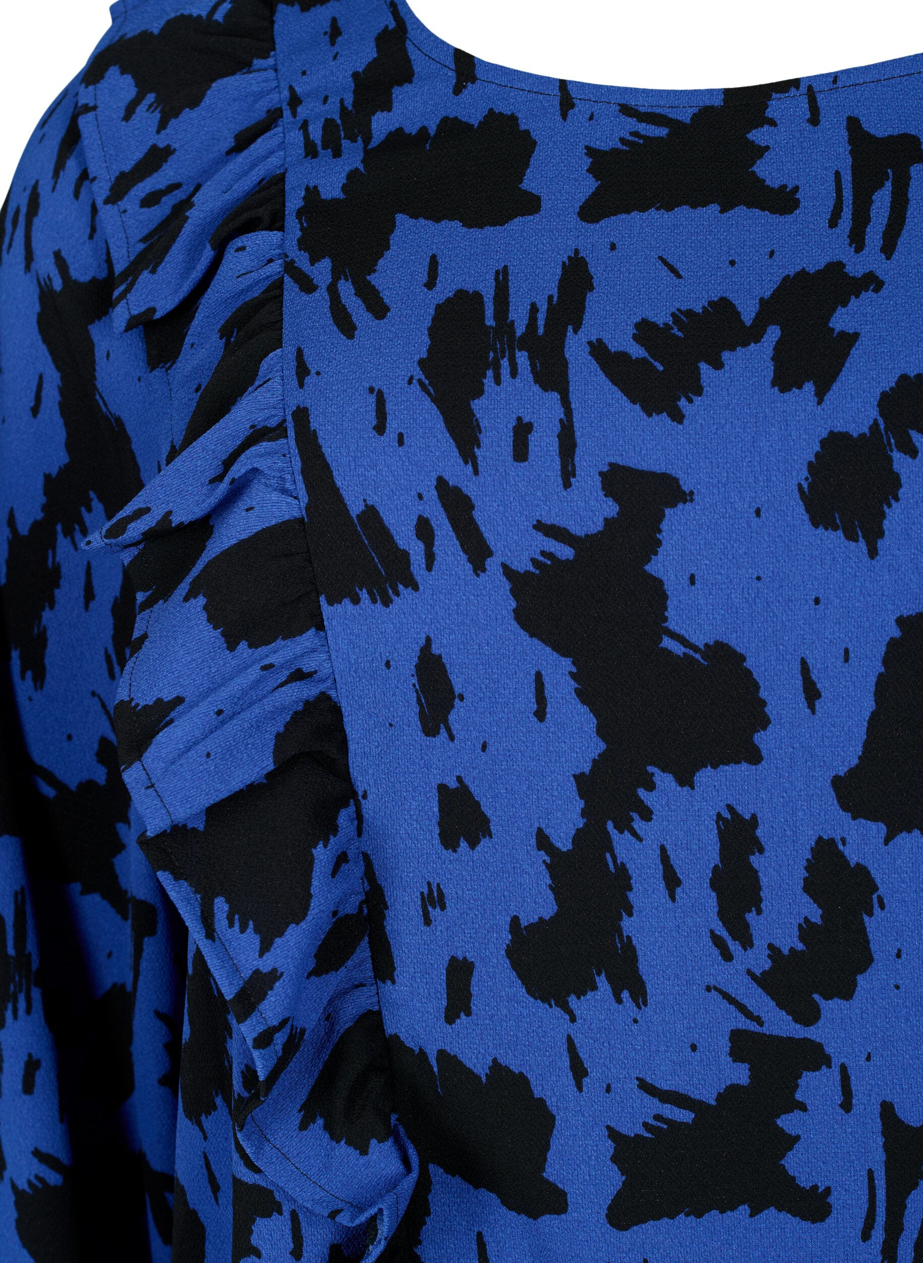 Zizzi Lang&auml;rmelige Bluse mit R&uuml;schen, Black Blue AOP, Packshot image number 2