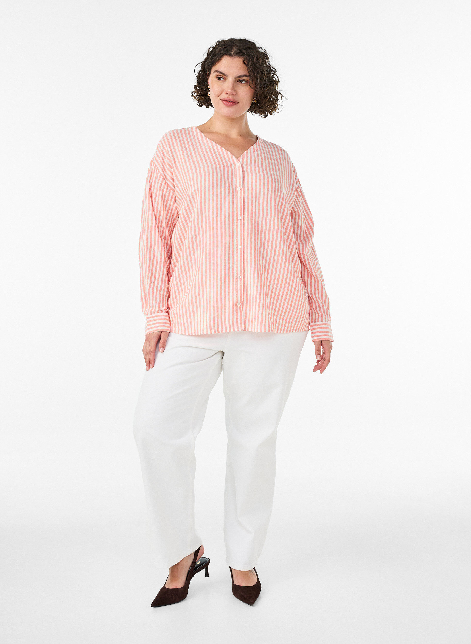 ZizziBluse aus Leinen und Viskose mit V-Ausschnitt, Orange, Model image number 1
