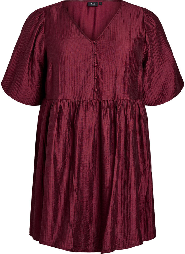 Kurzes Kleid mit Struktur und kurzen Ballonärmeln, Rot, Packshot image number 0