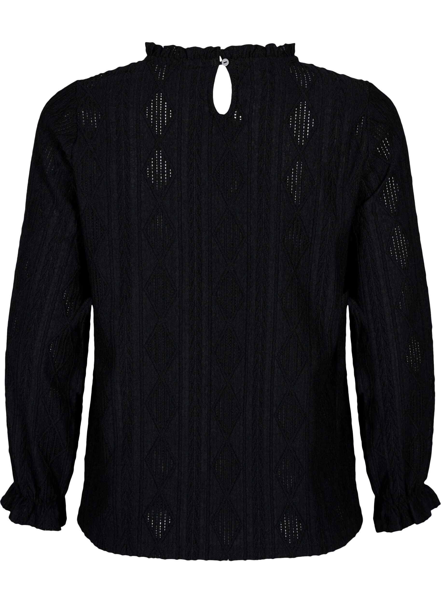 Zizzi Bluse mit R&uuml;schendetails und einem Ton in Ton gehaltenen Muster, Black, Packshot image number 1