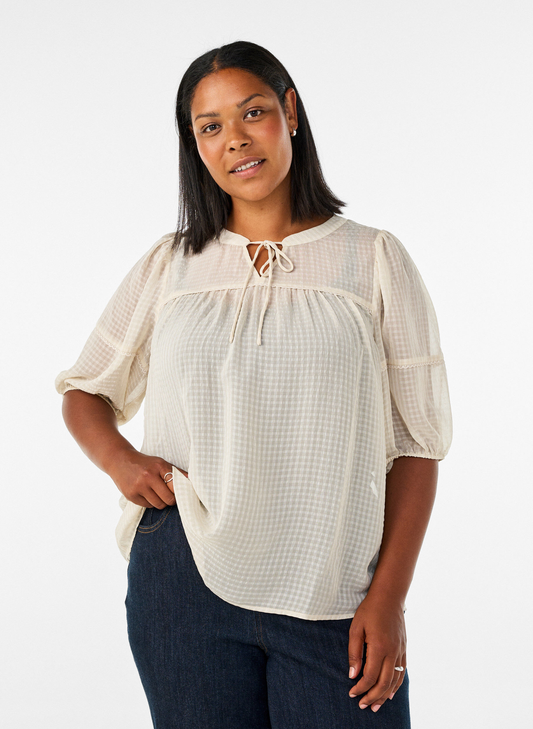 ZizziBluse aus Seersucker mit Bindeband, Beige, Model image number 0