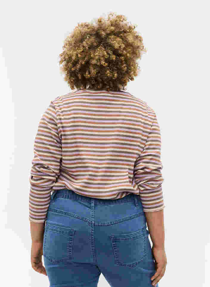 Gestreifte Bluse mit Rundhalsausschnitt und langen Ärmeln, Purple Camel Stripe, Model image number 1