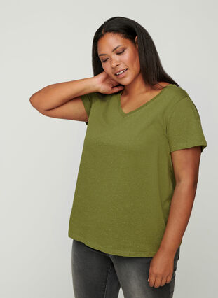 T-Shirt mit V-Ausschnitt, Green, Model image number 0