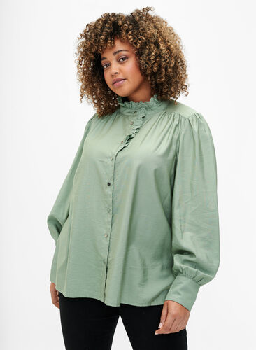 Viskose Shirt Bluse mit Ruffles, Green Bay, Model image number 0