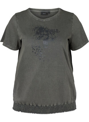 Kurzarm T-Shirt mit Acid Wash und Smock, Dark grey acid wash, Packshot image number 0