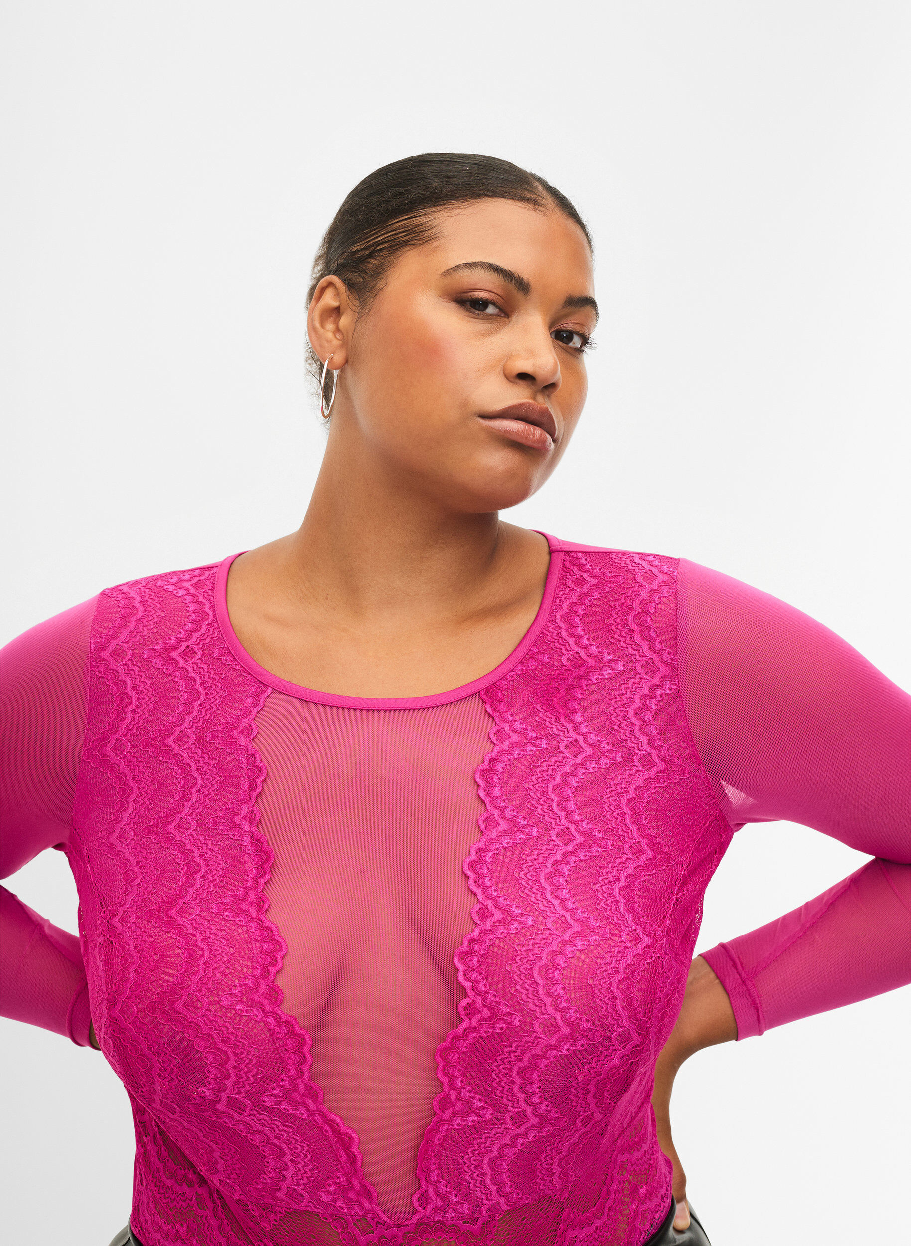 Zizzi Bodystocking mit Spitze und Mesh, Fuchsia Red, Model image number 2