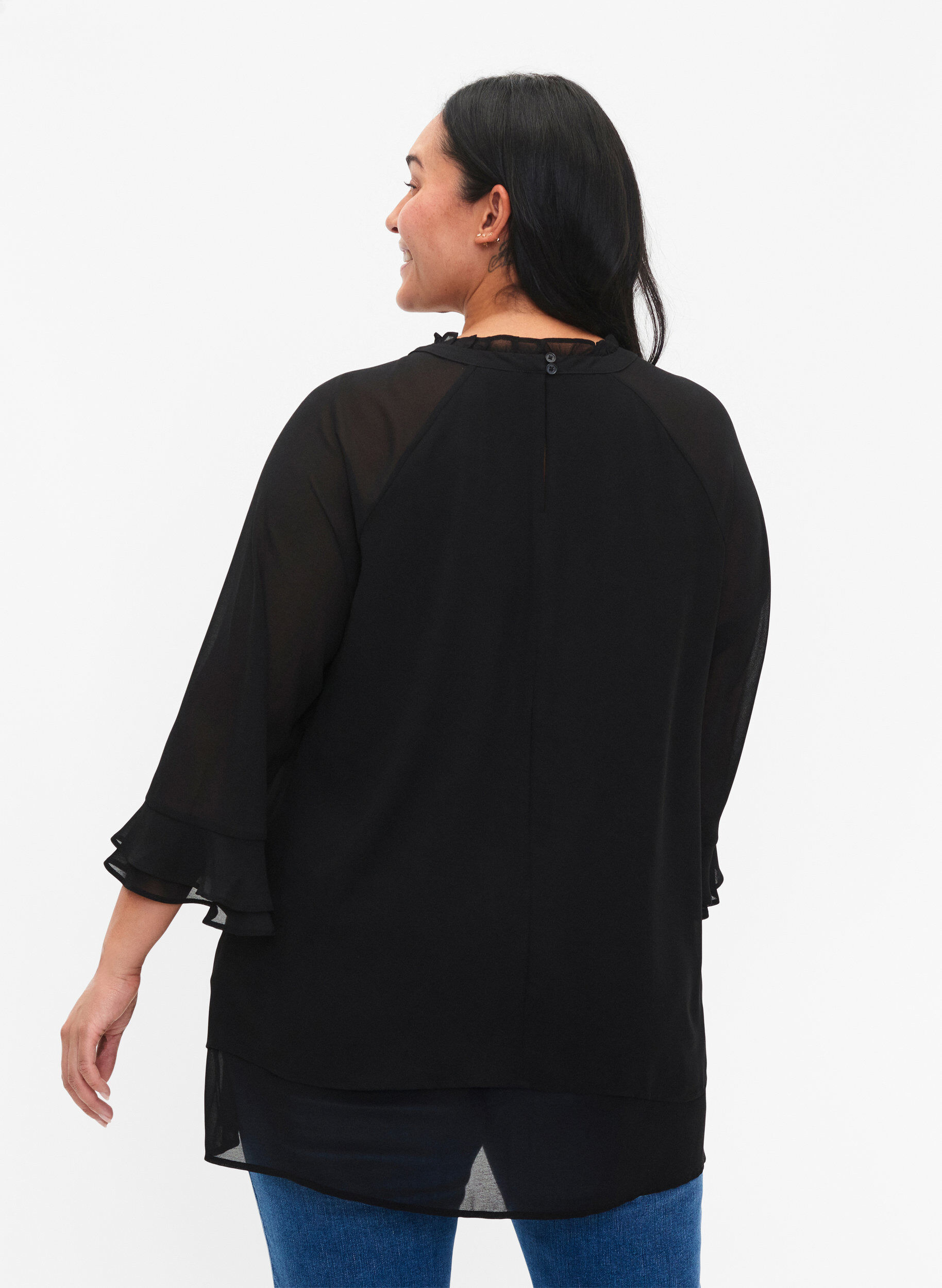 Zizzi Bluse mit asymmetrischem Saum und 3/4 &Auml;rmeln, Black, Model image number 1