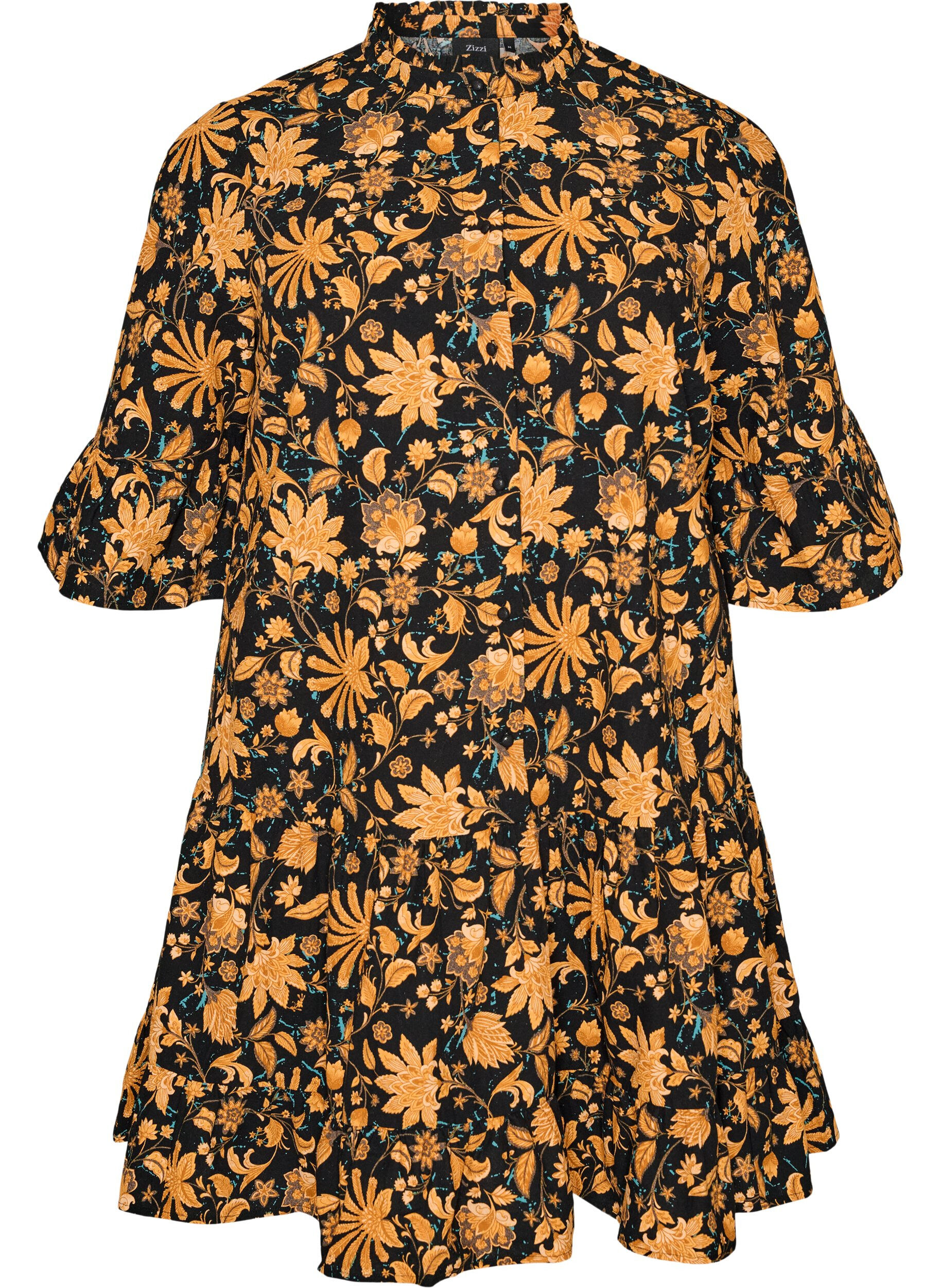 ZizziGebl&uuml;mtes Kleid aus Baumwolle mit R&uuml;schendetails und lockerer A-Linien-Form, Orange, Packshot image number 0