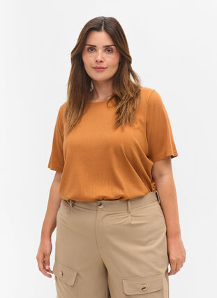 Kurzarm T-Shirt in Rippqualität, Pecan Brown, Model image number 0