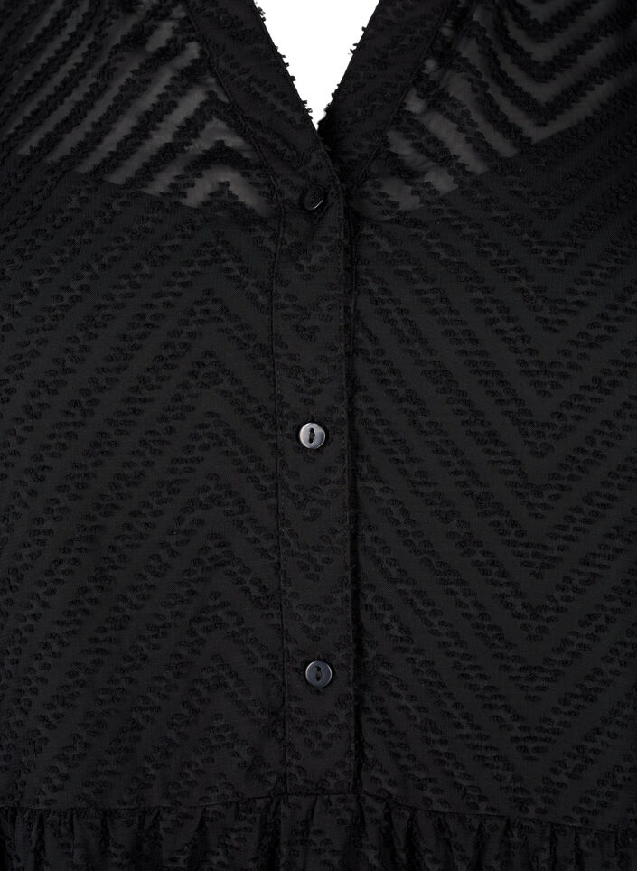 Strukturiertes kurzes Kleid mit Rüschenkragen, Black, Packshot image number 2