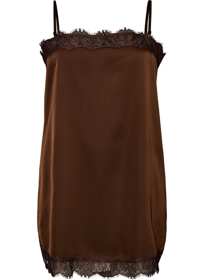 Langes Top aus Satin mit Spitzen, Braun, Packshot image number 0