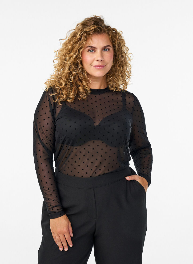Bluse aus Mesh mit Punkten, Schwarz, Model image number 0