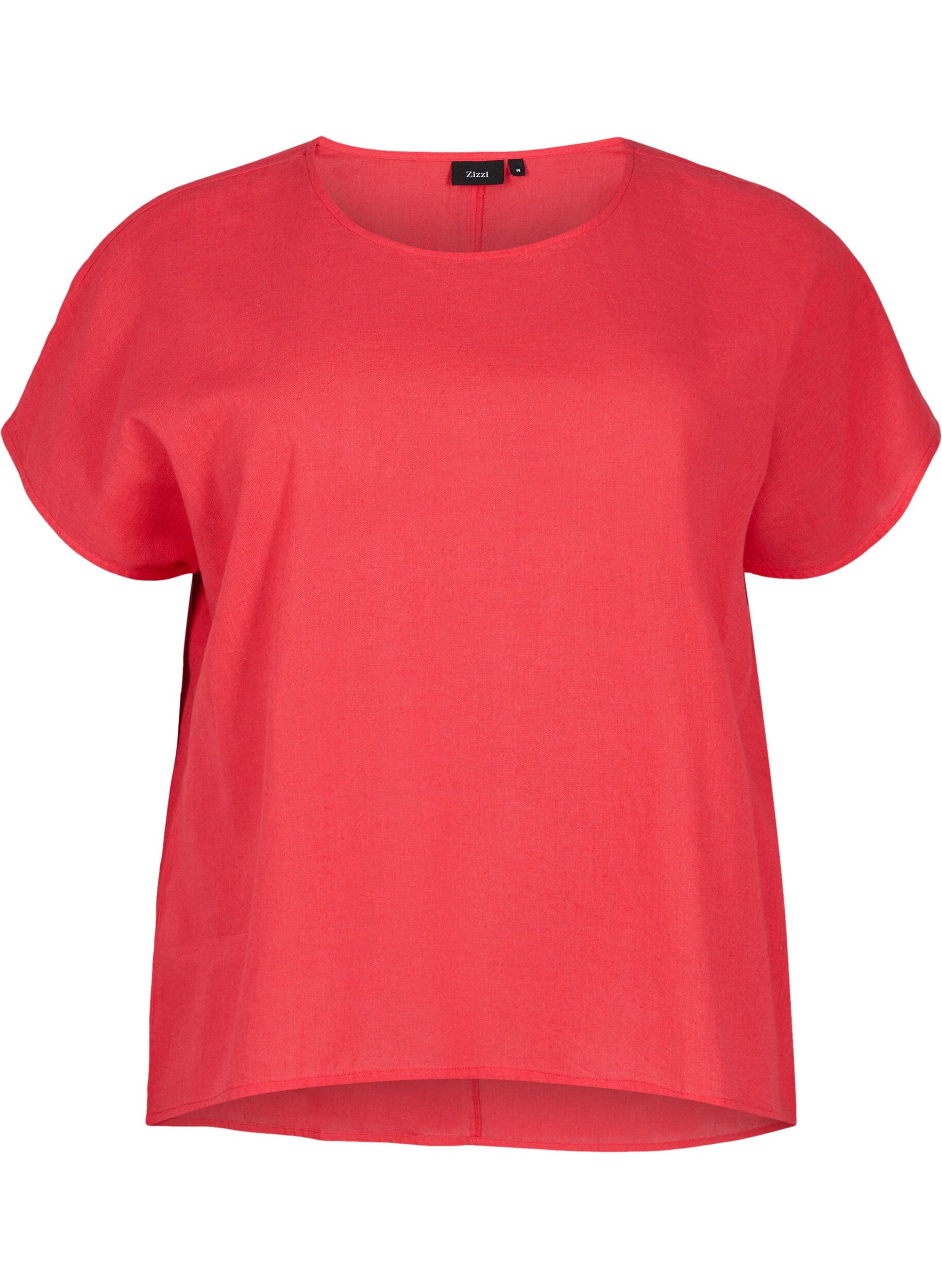 Zizzi Kurz&auml;rmelige Bluse aus Baumwollmischung mit Leinen, Hibiscus, Packshot image number 0