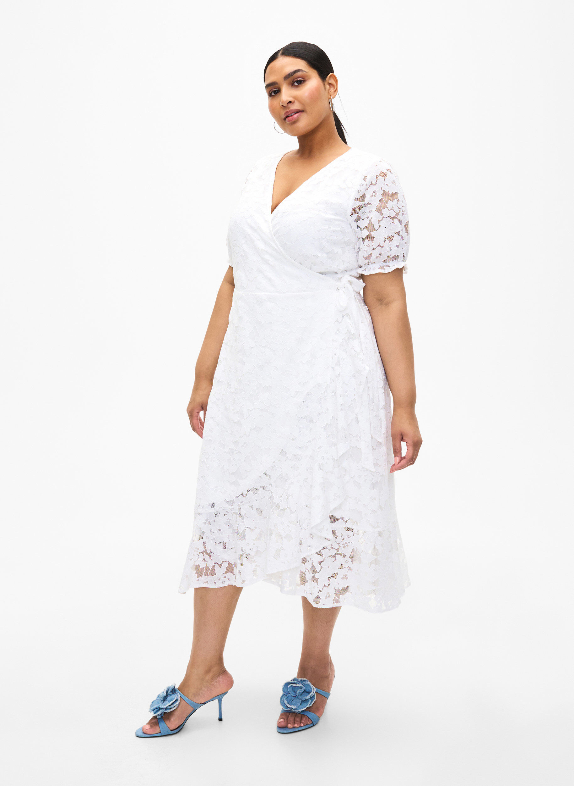 Zizzi Wickelkleid mit Spitze und kurzen &Auml;rmeln, Bright White, Model image number 3