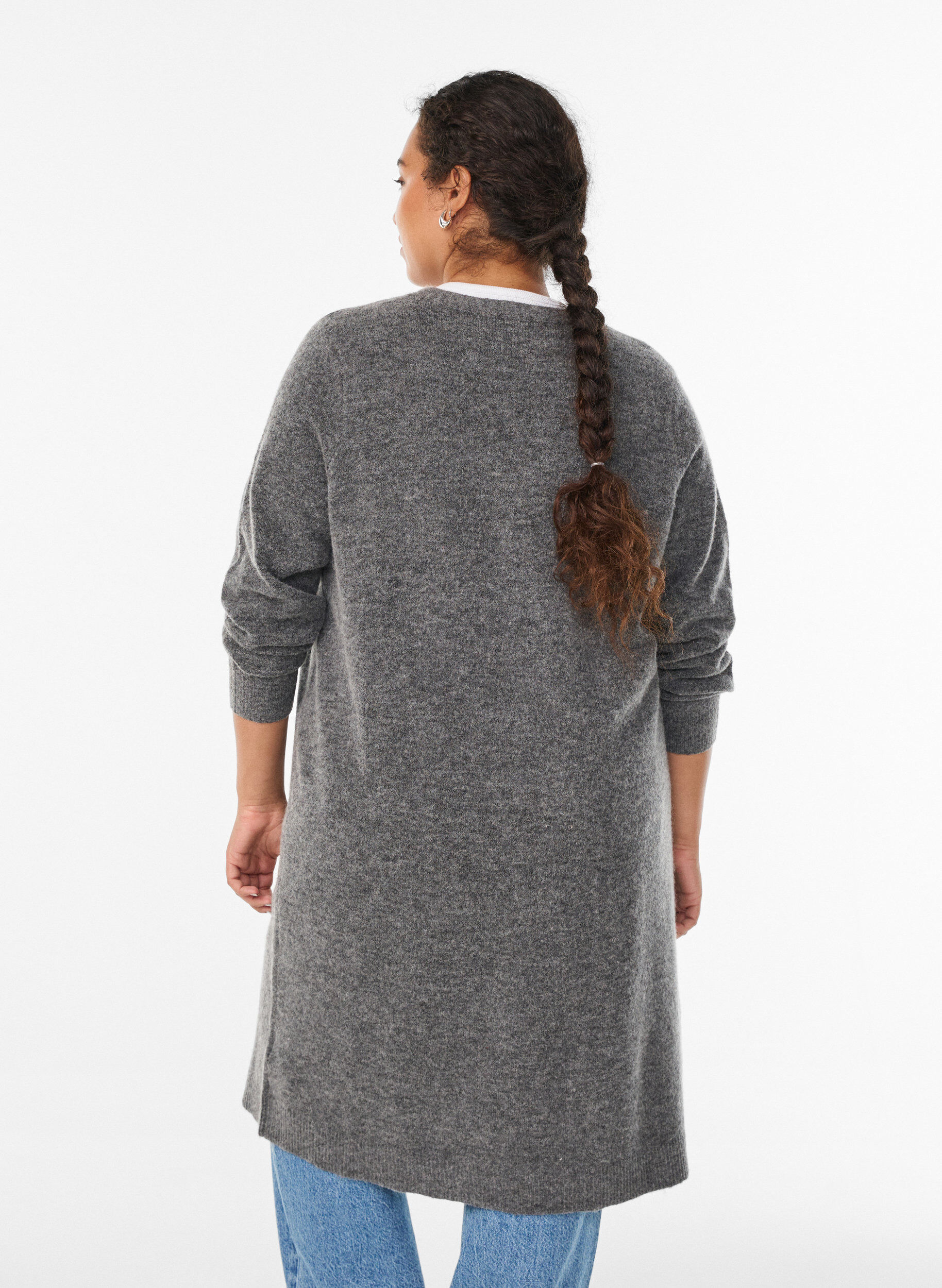 Zizzi Lange Strickjacke mit Wolle, Grau, Model image number 2