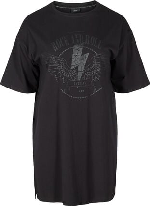 T-Shirt-Kleid aus Baumwolle mit Printdetails, Black w. Black, Packshot image number 0