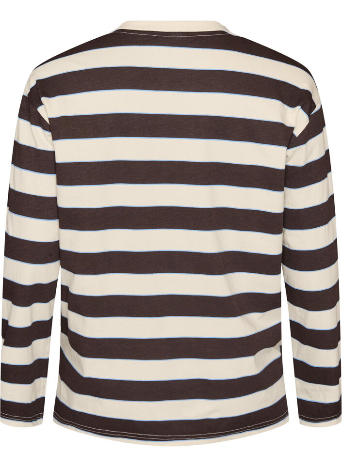 Gestreifte Bluse aus Jersey mit sportlichem Textprint, Braun, Packshot image number 1