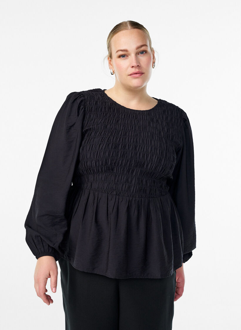 Bluse mit Smock und langen Ärmeln, Schwarz, Model image number 0