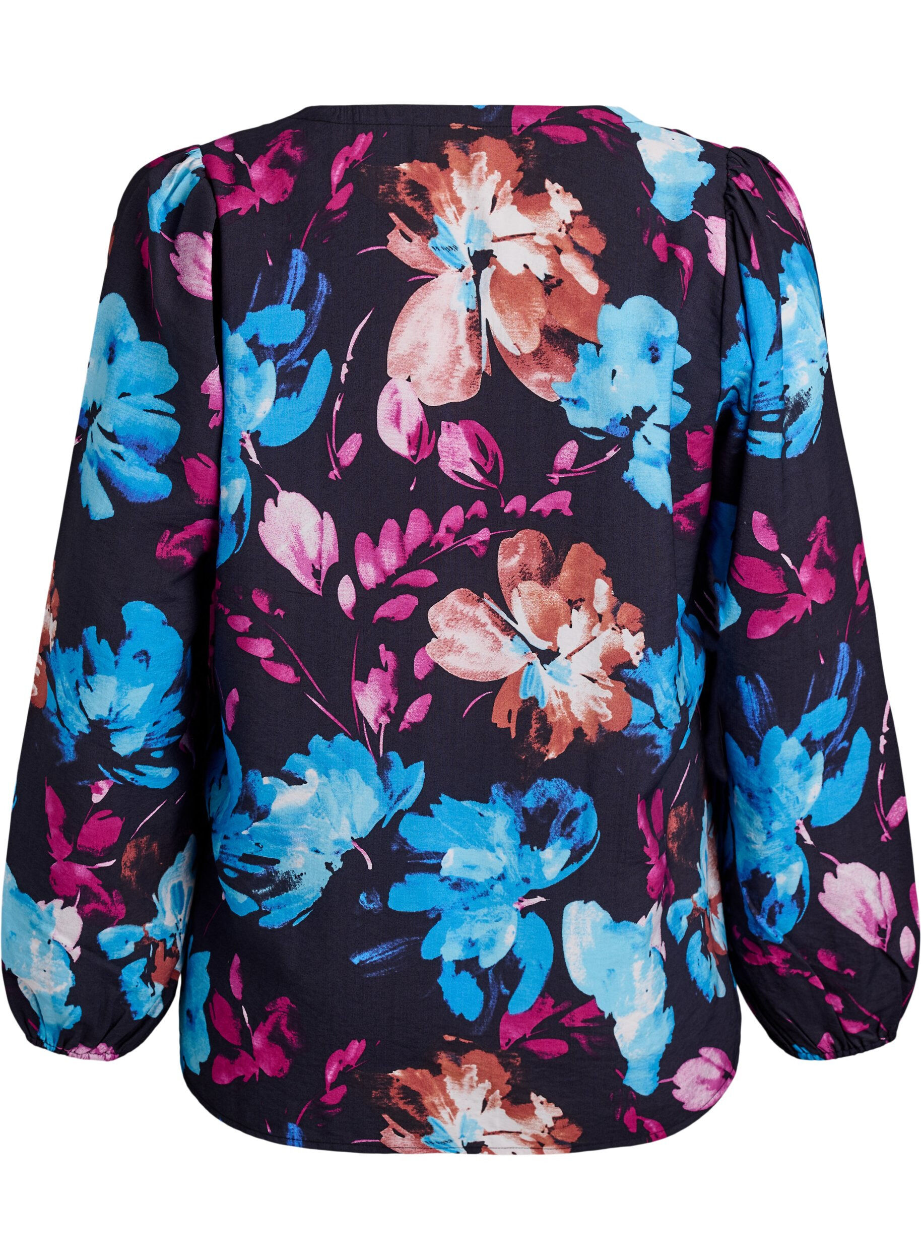 Zizzi Bluse aus Viskose mit gebl&uuml;mtem Print und langen &Auml;rmeln, Schwarz, Packshot image number 1