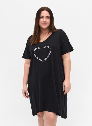 Kurzarm Nachthemd aus Baumwolle, Black w. White HEART, Model image number 0