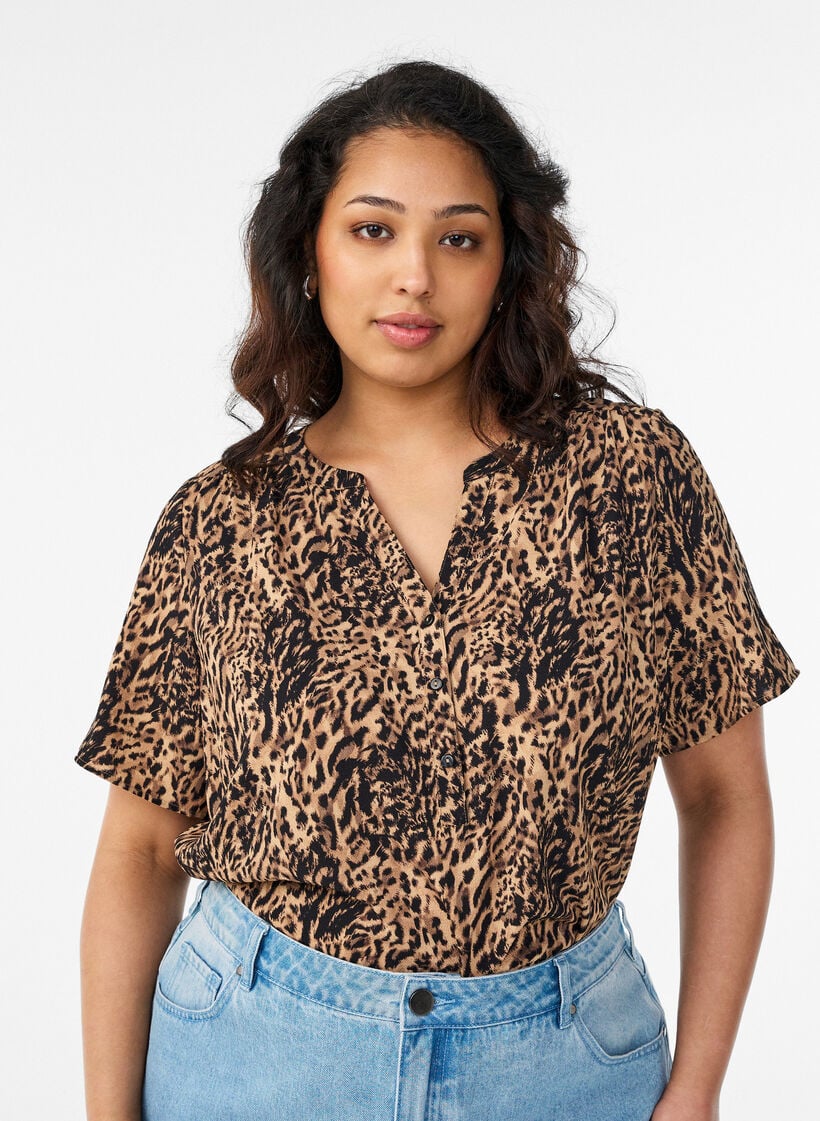 Bluse mit kurzen &Auml;rmeln und V-Ausschnitt, Braun, Model image number 0
