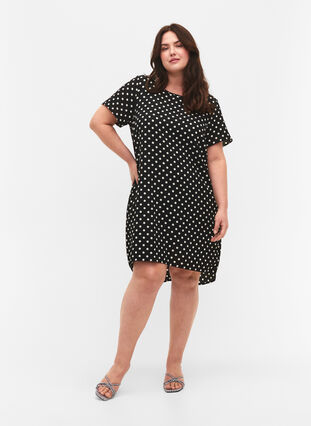 Bedrucktes Kleid mit kurzen Ärmeln, Black w. Dots, Model image number 2