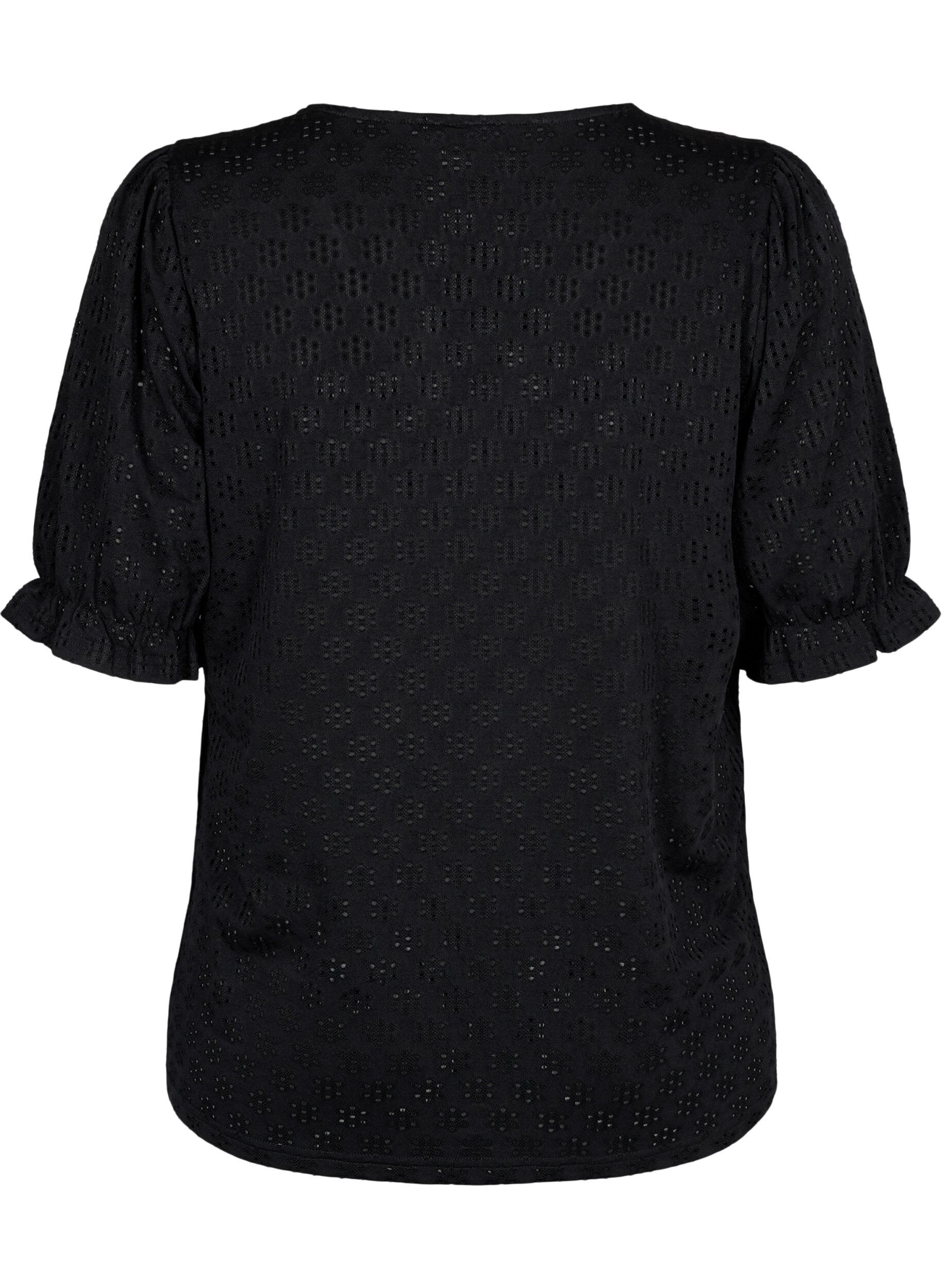 Zizzi Bluse mit V-Ausschnitt und Lochmuster, Black, Packshot image number 1