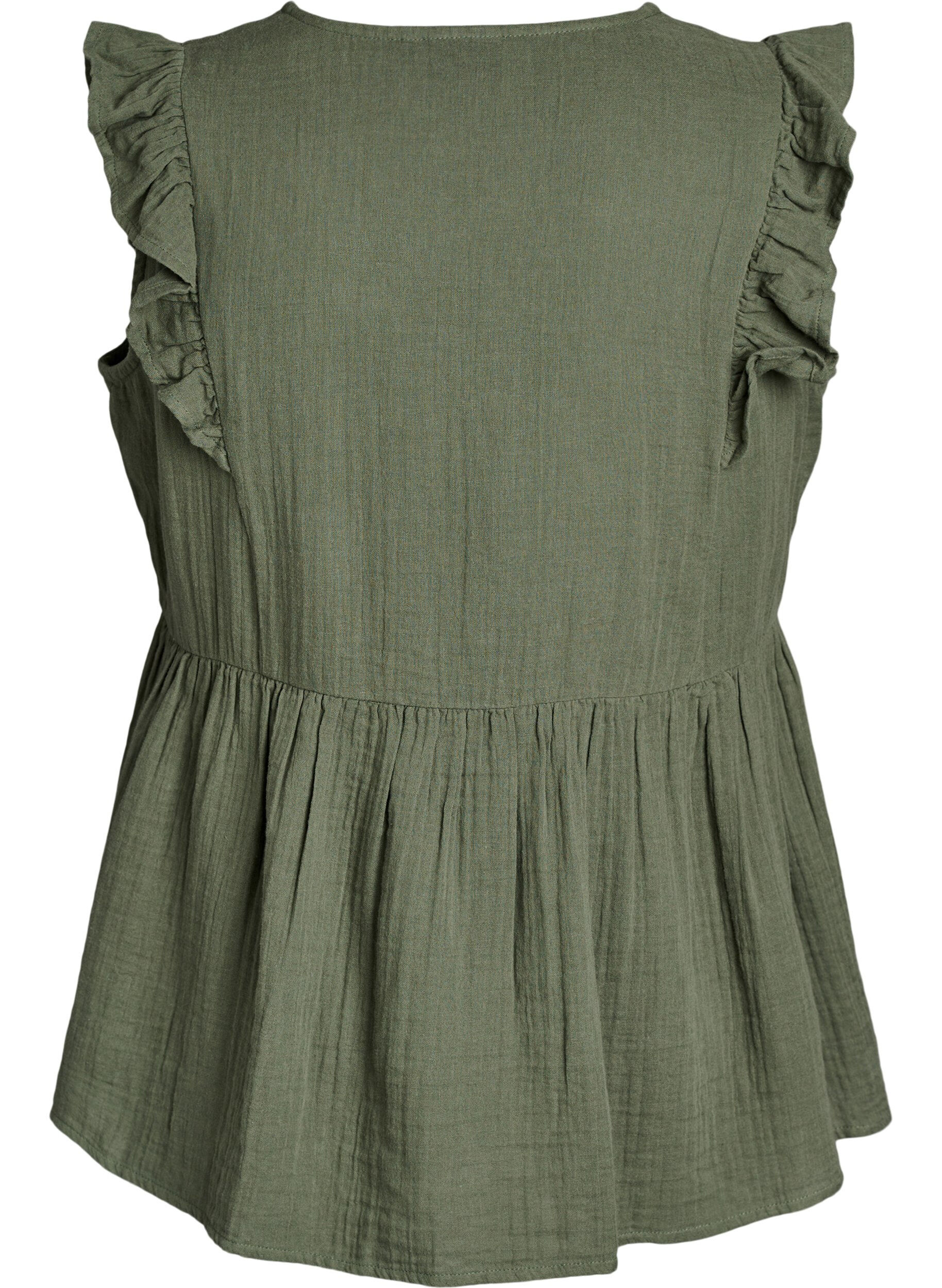 Zizzi&Auml;rmellose Bluse aus Baumwoll-Musselin mit R&uuml;schen, Gr&uuml;n, Packshot image number 1