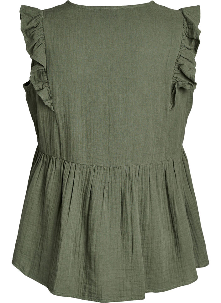 &Auml;rmellose Bluse aus Baumwoll-Musselin mit R&uuml;schen, Gr&uuml;n, Packshot image number 1
